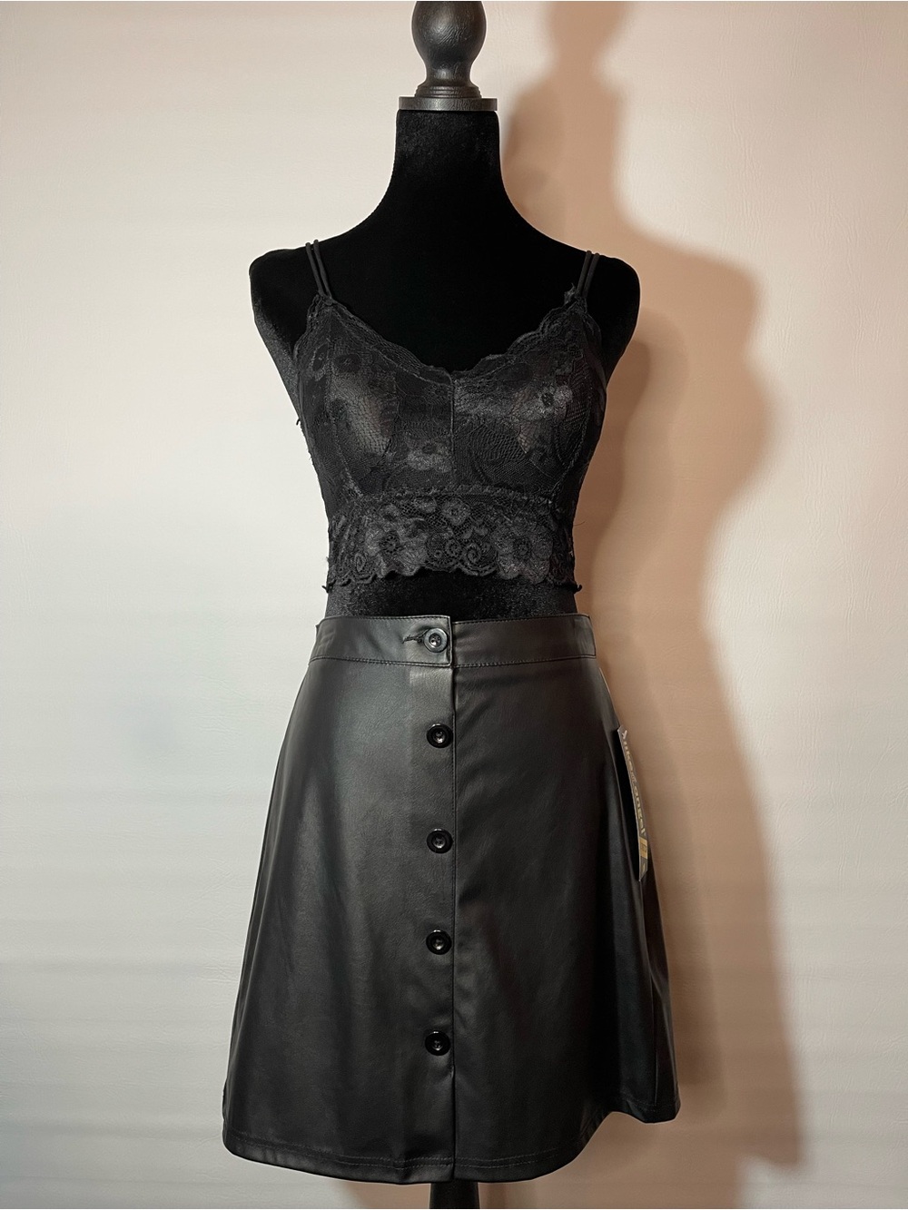 Black Faux Leather Button-Front A-Line Skirt